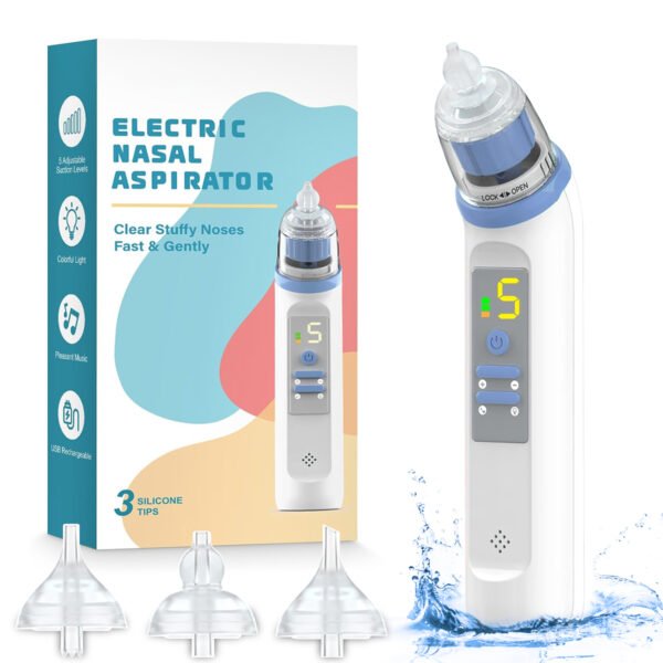 1 Syenll Electric Nasal Aspirator for Baby, Rechargeable Baby Nose Sucker with 3 Silicone Tips and 5 Suction Levels for Newborn