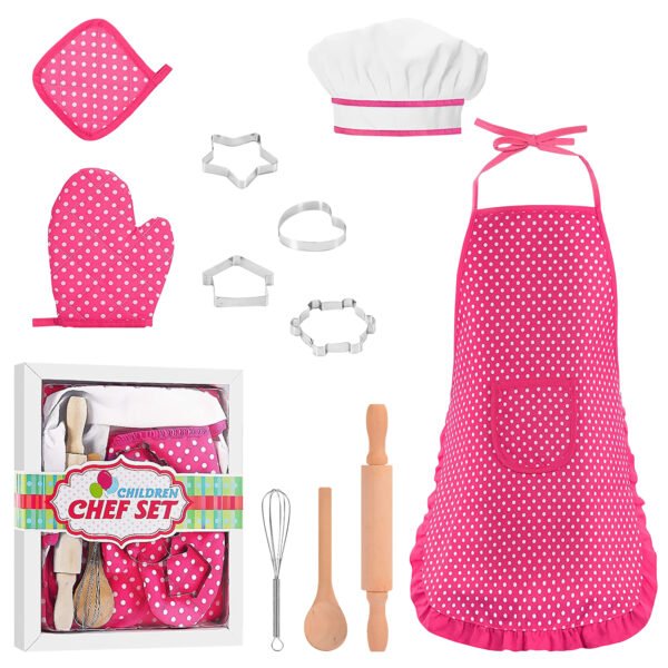 11 Pcs Kids Aprons for Girls Boys, Kids Cooking and Baking Sets, Chef Hat Apron Pretend Play Set for Toddlers Age 3-8, Pink