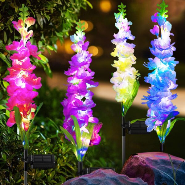 Syenll Delphinium Solar Flower Lights, 4 Pack Solar Garden Lights with 36 LEDs, Waterproof Solar Outdoor Lights for Yard Patio Lawn Decor