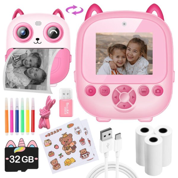 Niteris Children Digital Camera, 1080P 2.4 inch Kids Instant Print Camera with Print Paper, SD Card, Color Pens for 3-12 Year Old Boys Girls, Pink