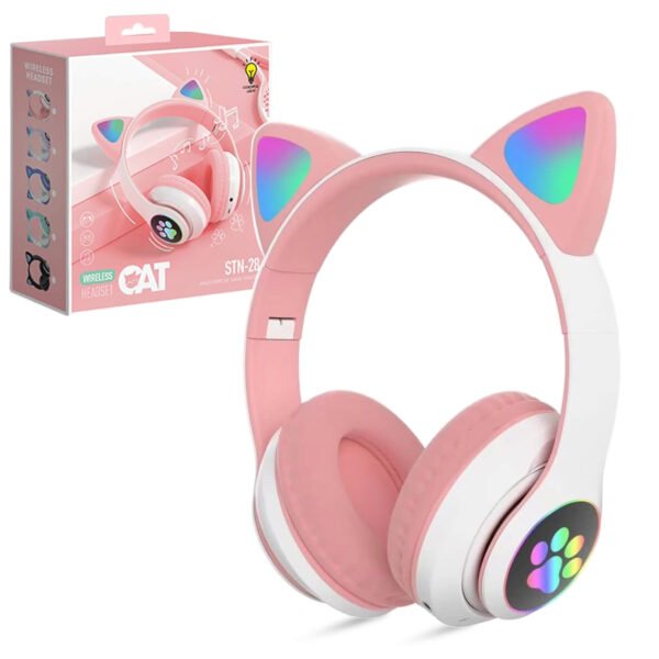 Kids Wireless Headphones, Bluetooth 5.0 Cat Ear Headphones with RGB Lighting, Over-Ear Headset for Smartphones, Tablets, Radios, Pink