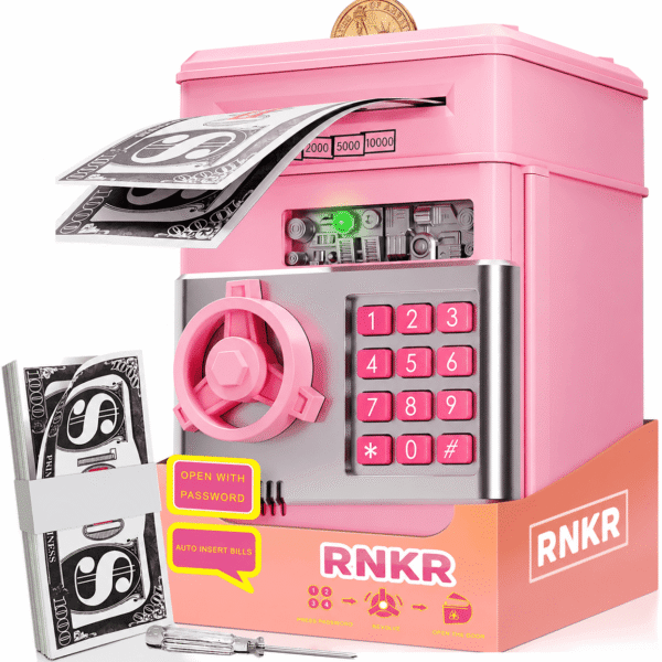 RNKR Kids Electronic Piggy Bank, Password Protected ATM with Auto Cash Roll, Coin Slot, Sound Effects and Secure Safe Box Toy, Pink