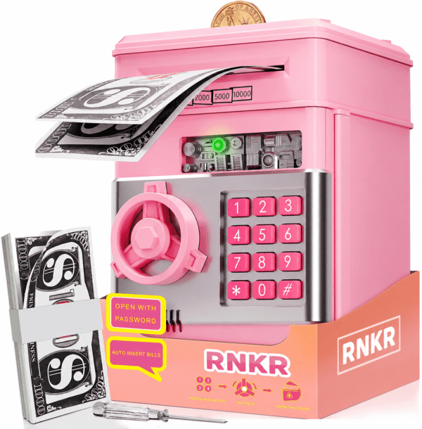 RNKR Kids Electronic Piggy Bank, Password Protected ATM with Auto Cash Roll, Coin Slot, Sound Effects and Secure Safe Box Toy, Pink