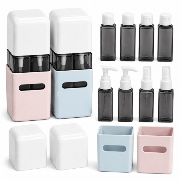 RNKR 2 Packs 4-in-1 Travel Toiletry Bottles Set, Leak-Proof, Compact Size for Travel, Includes Pump, Spray, Flip-Cap Bottles with Holder, Protective Cover, Pink and Blue