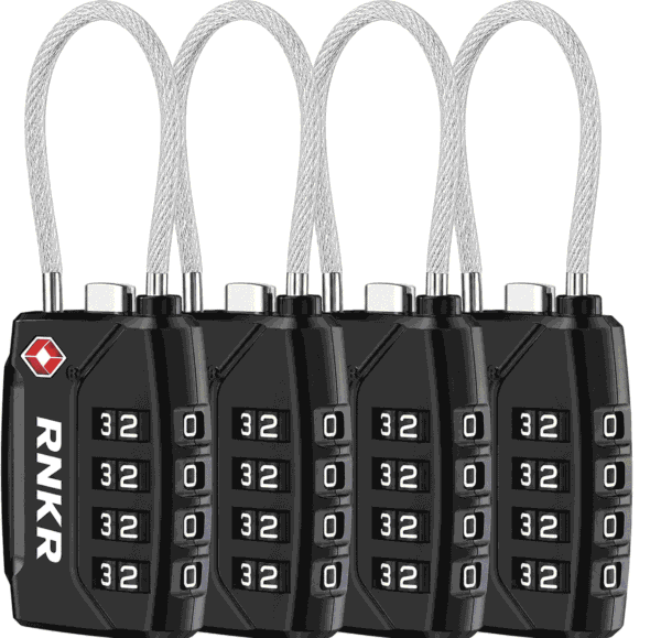 PASSWORD-02-4P-BLACK-HM RNKR 4 Pack TSA Approved Luggage Lock – 4 Digit Combination with Flexible Steel Cable for Suitcase, Backpack, Gym Locker, Travel Security (Black)