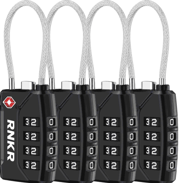 RNKR 4 Pack TSA Approved Luggage Lock – 4 Digit Combination with Flexible Steel Cable for Suitcase, Backpack, Gym Locker, Travel Security (Black)