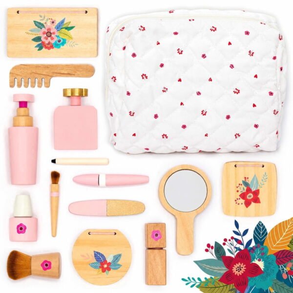 RNKR Wooden Pretend Makeup Kit for Toddlers for Girls with Lipstick, Mirror, Perfume, Powder & Cosmetic Bag – Play Makeup for Kids Ages 3+