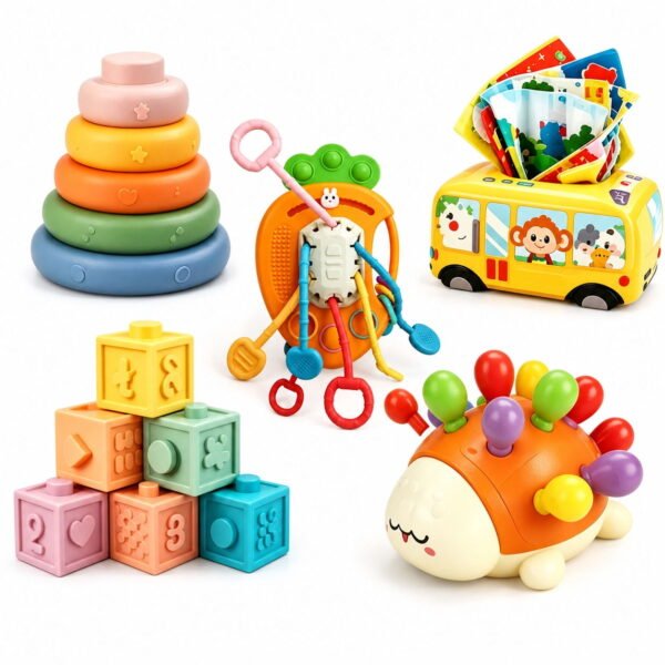 RNKR 5-in-1 Montessori Baby Toy Set for Toddlers 1-3, Sensory Learning Toys with Blocks, Stacking Rings, Fine Motor Activities