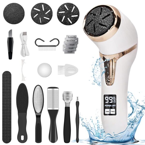 RNKR Electric Callus Remover for Feet with Vacuum – Rechargeable Pedicure Kit with 3 Quartz Heads, 2 Speeds, IPX7 Waterproof, LCD Display for Dead Skin Removal White