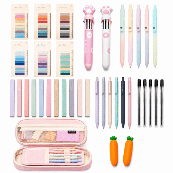 RNKR 39 PCS Kawaii Pastel Stationery Set, with Large Capacity Pencil Case, Gel Pens, Colored Markers, Mechanical Pencils, Sticky Notes, Erasers forTeens