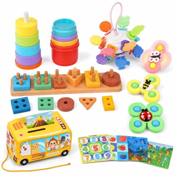 RNKR 5-in-1 Montessori Baby Toy Set for Toddlers 1-3, Sensory Learning Toys with Shape Sorter, Stacking Cups, Fine Motor Activities