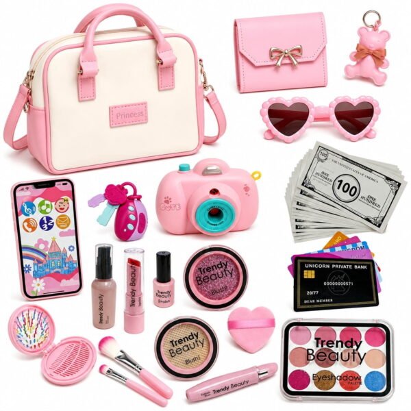 RNKR 38PCS Princess Purse Play Set for Girls with Handbag, Toy Camera, Phone, Wallet, Pretend Makeup, Sunglasses, Play Money for Ages 3-8