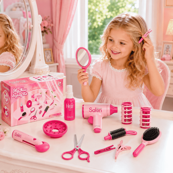 RNKR 12 Pcs Kids Pretend Play Hair Salon Set, Toddler Beauty Stylist Kit with Toy Hair Dryer, Comb & Accessories, Role Play Dress Up Toy Gift for Girls Ages 3+