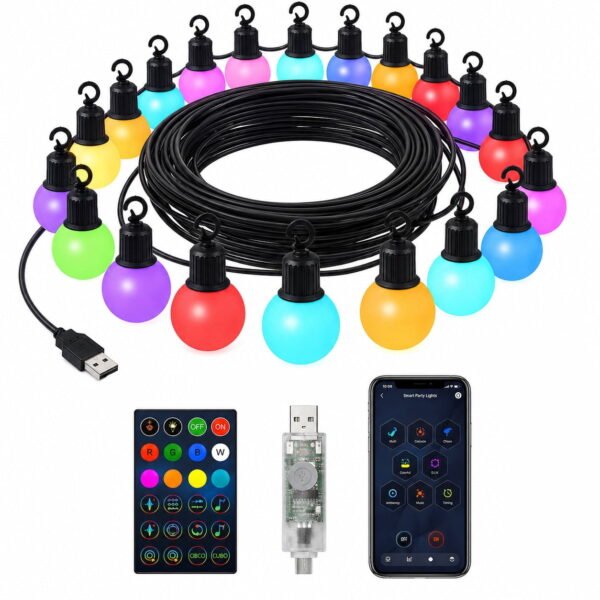 RNKR 55.77FT Smart Outdoor String Lights Color Changing with 50pcs G40 App and Remote contorl perfer for Garden Backyard Christmas Party Restaurant Wedding