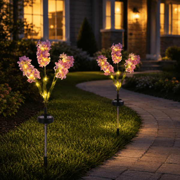 RNKR 2 Pack Purple Solar Hyacinth Flower Stake Lights, Warm White LEDs, IP45 Waterproof Solar Landscape Decor for Yard Patio Walkway Lawn