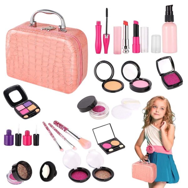 TiokMc Kids Pretend Makeup Kit for Girls 3-10 Years, 25-Piece Cosmetic Toy Set with Brushes, Eye Shadows, Lipstick, Glitter, Nail Polish, Cosmetic Bag – Not Real Makeup