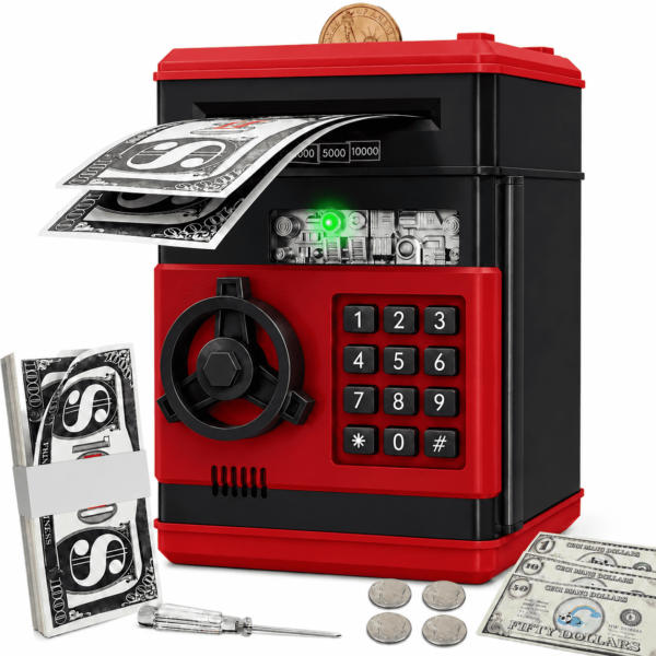 RNKR Kids Electronic Piggy Bank, Password Protected ATM with Auto Cash Roll, Coin Slot, Sound Effects and Secure Safe Box Toy, Black red