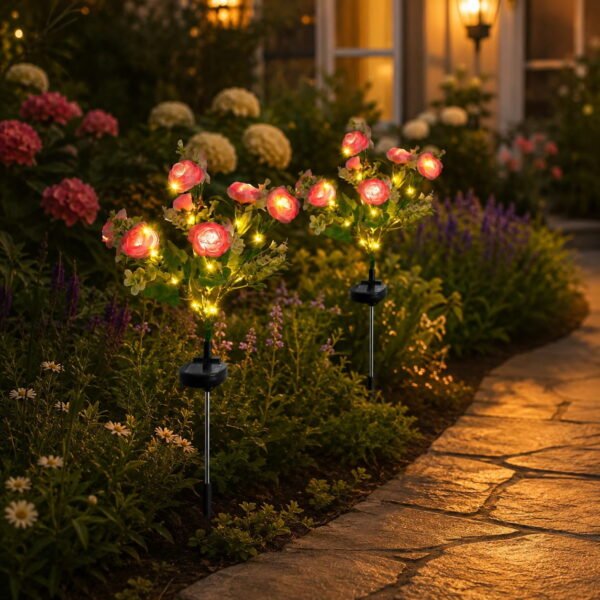 RNKR 2 Pack 7-Head Pink Solar Peony Flower Lights, Warm White LEDs IP44 Waterproof Outdoor Pathway Lights with Auto on/off for Yard Lawn Patio