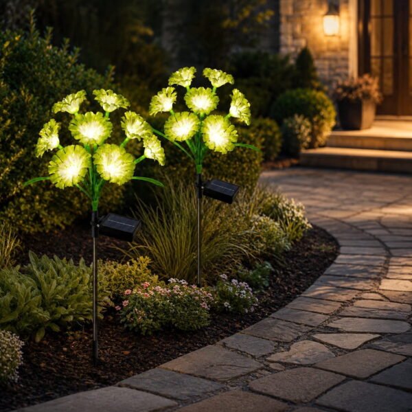 RNKR 2 Pack Solar Green Flower Garden Stake Lights, Solar Powered Outdoor IP65 Waterproof, Decoration for Garden, Fences, Wedding, Party Decoration