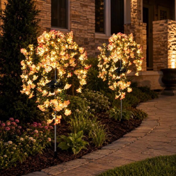 RNKR 2 Pack Solar LED Flower Lights, Warm White LED IP44 Waterproof Outdoor Solar Decorative Lights, for Yard Lawn Patio Pathway Landscape Garden Decor