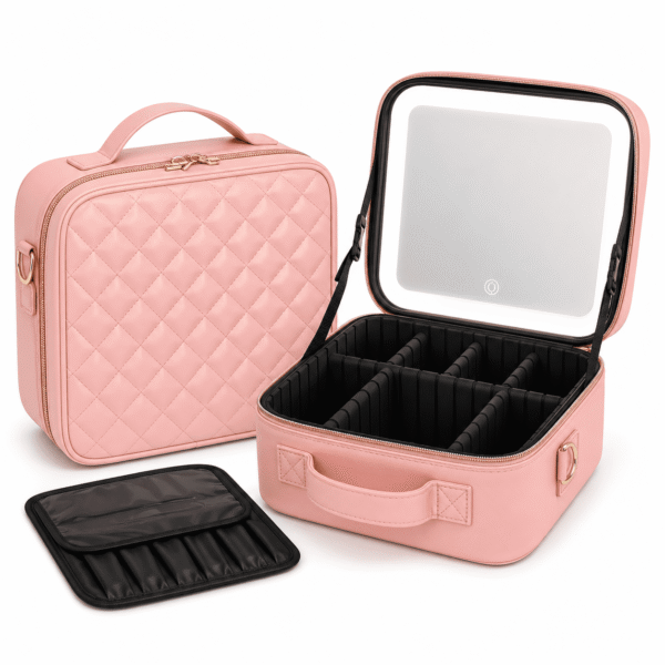RNKR 10 Inch Makeup Case with LED Light Mirror, 1with Adjustable Dividers, Rechargeable, Large Capacity, Bright Lighting, Gift for Women Girls, Pink