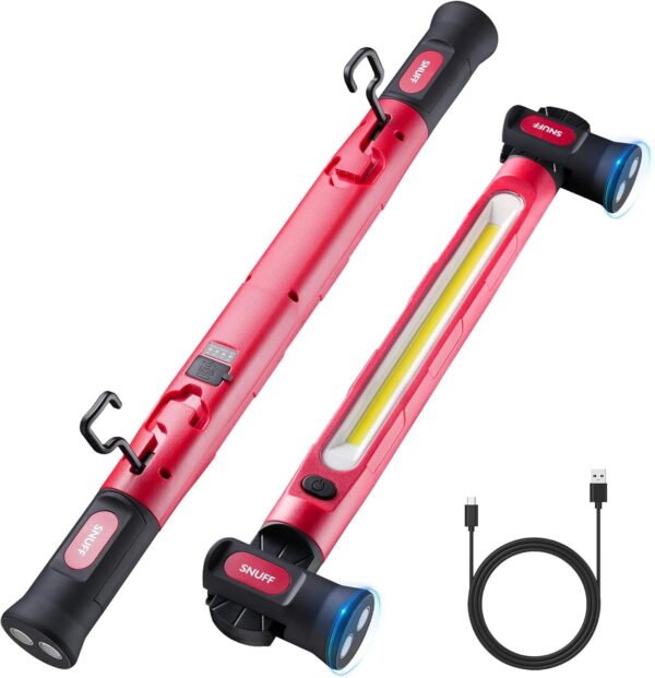 LED-WORK-RED-HM RNKR Rechargeable LED Work Light, 2400 Lumens 4400mAh Magnetic Underhood Light Bar with Hooks, 3 Modes Portable Inspection Lamp for Garage, Workshop, Car Repair