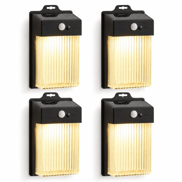 RNKR 4 packs Outdoor Solar Lamp Motion Sensor Wall Lamp Waterproof LED Solar Fence Lights for Patio, Garden, Yard, Porch, Deck, Garage, Warm White