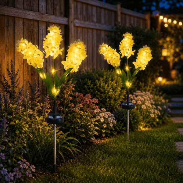 RNKR 2 Pack Yellow Solar Hyacinth Flower Stake Lights, Warm White LEDs, IP45 Waterproof Solar Landscape Decor for Yard Patio Walkway Lawn
