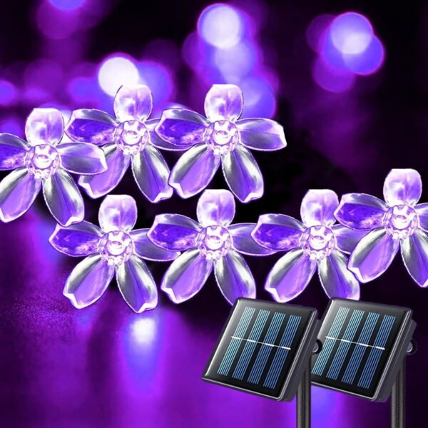 TiokMc Solar-Powered Fairy Blossom Flower String Lights, 22.96ft 50 LED, Purple, Outdoor Garden, Patio, Lawn, Christmas Decoration - 2 Pack