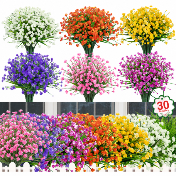 RNKR 30 Bundles 6 colors Artificial Camellia Flowers, Mixed Color Faux Plastic Plants, UV Resistant for Porch, Window Box, Yard, Patio, Home