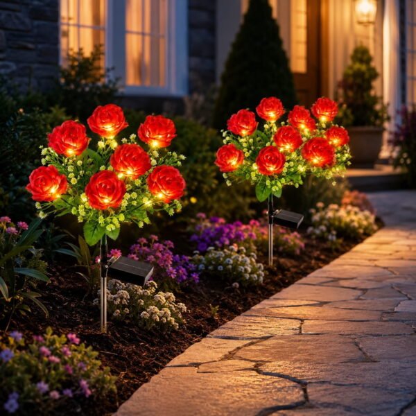 RNKR 2 Pack 7 Heads Red Rose Solar Garden Lights with Warm White LEDs, IP65 Waterproof Decorative Solar Lights for Yard Patio Lawn Garden Decor