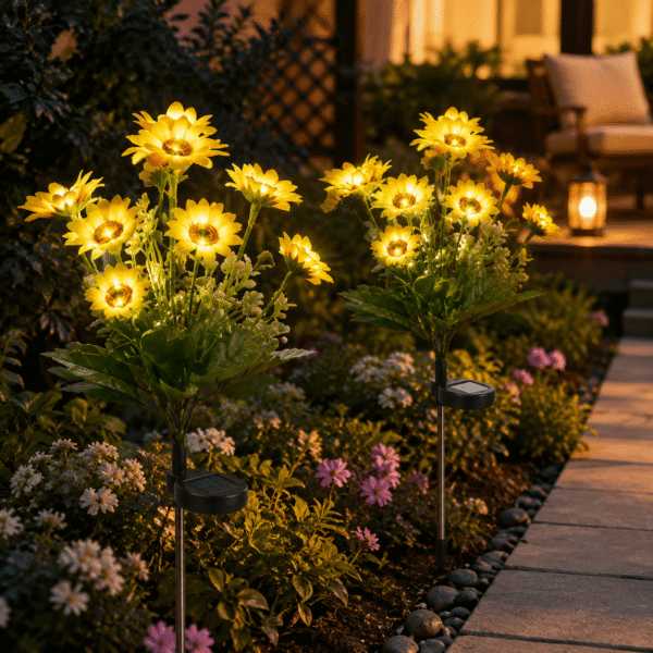 RNKR 2 Pack 12 Head Sunflower Solar Lights, Warm White LED IP65 Waterproof Landscape Lighting for Yard Lawn Patio Pathway Garden Wedding Party Decor
