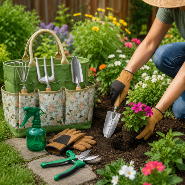 RNKR 9-Piece Garden Tools Set with Storage Bag, Stainless Steel Gardening Tools Non-Slip Ergonomic Handle, for Planting, Weeding, Home Garden Care