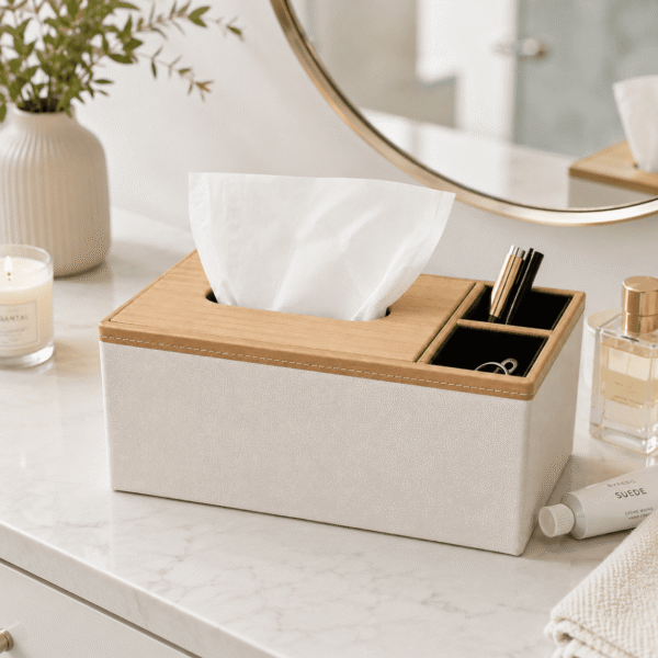 RNKR Tissue Box Cover with Organizer Compartments, Faux Leather Tissue Holder with Wood Grain Lid for Desk, Car, Office, Living Room, White