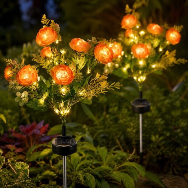 RNKR 2 Pack 7-Head Orange Solar Peony Flower Lights, Warm White LEDs IP44 Waterproof Outdoor Pathway Lights with Auto on/off for Yard Lawn Patio