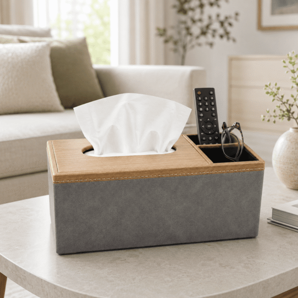 RNKR Tissue Box Cover with Organizer Compartments, Faux Leather Tissue Holder with Wood Grain Lid for Desk, Car, Office, Living Room, Gray