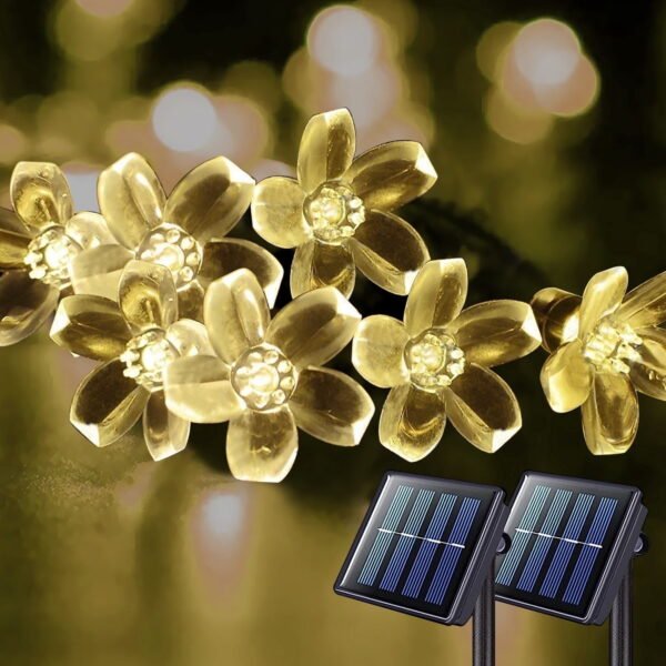 TiokMc Solar-Powered Fairy Blossom Flower String Lights, 22.96ft 50 LED, Warm White, Outdoor Garden, Patio, Lawn, Christmas Decoration - 2 Pack