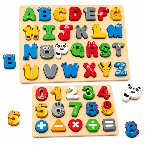 RNKR Wooden Alphabet and Number Puzzle Set for Toddlers, Montessori ABC Learning Toy with Letters, Numbers for Kids Ages 3+