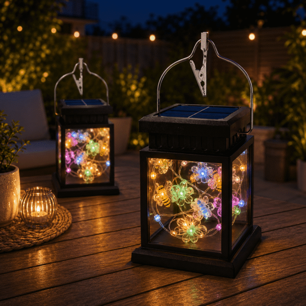 RNKR 2 Packs Solar Hanging Lantern Lights, Warm White Flower & Bee LED Solar Lanterns,Waterproof 3-in-1 Hanging, Clip, Tabletop for Patio, Yard, Lawn