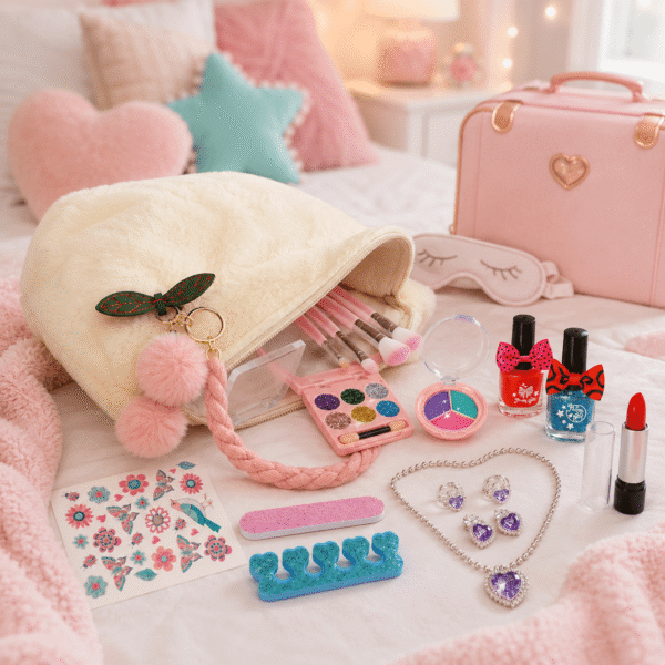 RNKR 18PCS Makeup Purse Toy Set for Girls, Makeup Brushes, Nail Polish, Lipstick, Jewelry Necklace, Eyeshadow Palette, Rings, for Girls Age 3-8 (White)