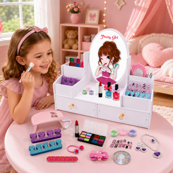 RNKR 26 Pcs Kids Vanity Makeup Set with LED Nail Lamp, Wooden Dressing Table with Makeup Toys, Jewelry, Nail Art Tools, Gift for Girls Ages 3+