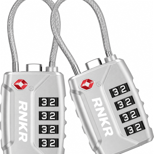 RNKR 2 Pack TSA Approved Luggage Lock – 4 Digit Combination with Flexible Steel Cable for Suitcase, Backpack, Gym Locker, Travel Security (Silver)