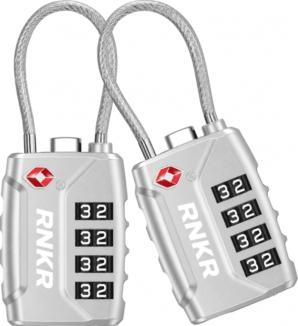 RNKR 2 Pack TSA Approved Luggage Lock – 4 Digit Combination with Flexible Steel Cable for Suitcase, Backpack, Gym Locker, Travel Security (Silver)