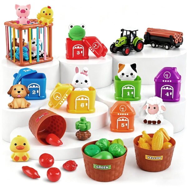 RNKR 4-in-1 Montessori Farm Toddler Toy, Educational Learning Set with Animals, Fruits, Vegetables, Sensory Cube, Blocks, Trucks, for Age 1-3