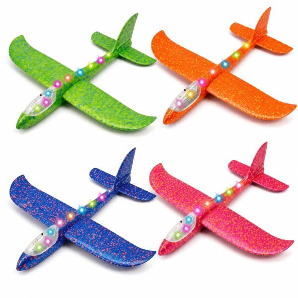 RNKR LED Foam Glider Airplane Toys, 4-Pack Colorful Planes with Flashing Lights, Lightweight Outdoor Throwing Toys for Kids Ages 3-12
