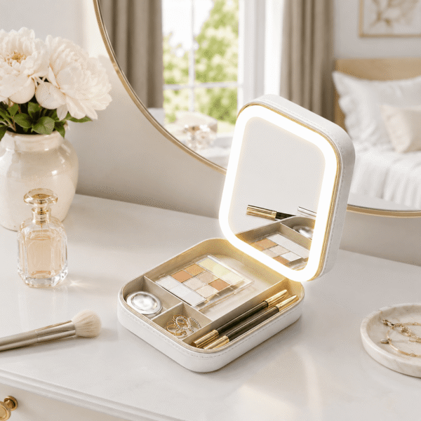 RNKR Portable Jewelry Case With LED Lighted Makeup Glasses Jewelry Storage Box With LED Mirror Essential Organizers