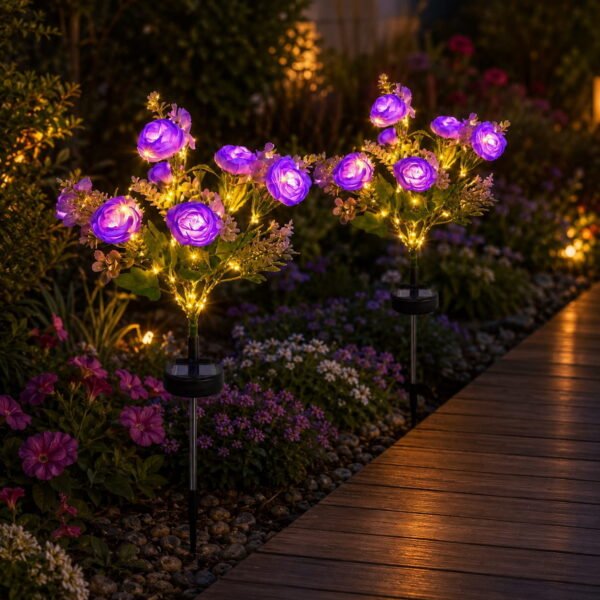 RNKR 2 Pack 7-Head Purple Solar Peony Flower Lights, Warm White LEDs IP44 Waterproof Outdoor Pathway Lights with Auto on/off for Yard Lawn Patio