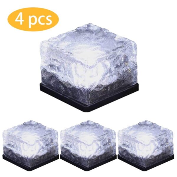 RNKR 4 Pack Solar Glass Brick Lights, LED Ice Cube Rock Lamps for Outdoor Pathway, Patio, Driveway, Garden, Waterproof Landscape Lighting, Cold White