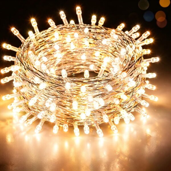 RNKR 33Ft 100LED Warm White Christmas Lights Plug in,Connectable, 8 Modes String Lightsfor Tree Party Bedroom Garden Decor (Clear Wire)