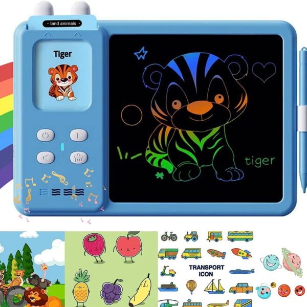 TiokMc Educational Learning Toy for Toddlers, LCD Writing Tablet & Doodle Board with 112 Flash Cards, 224 Words, Ages 3-6, Boys & Girls, Blue